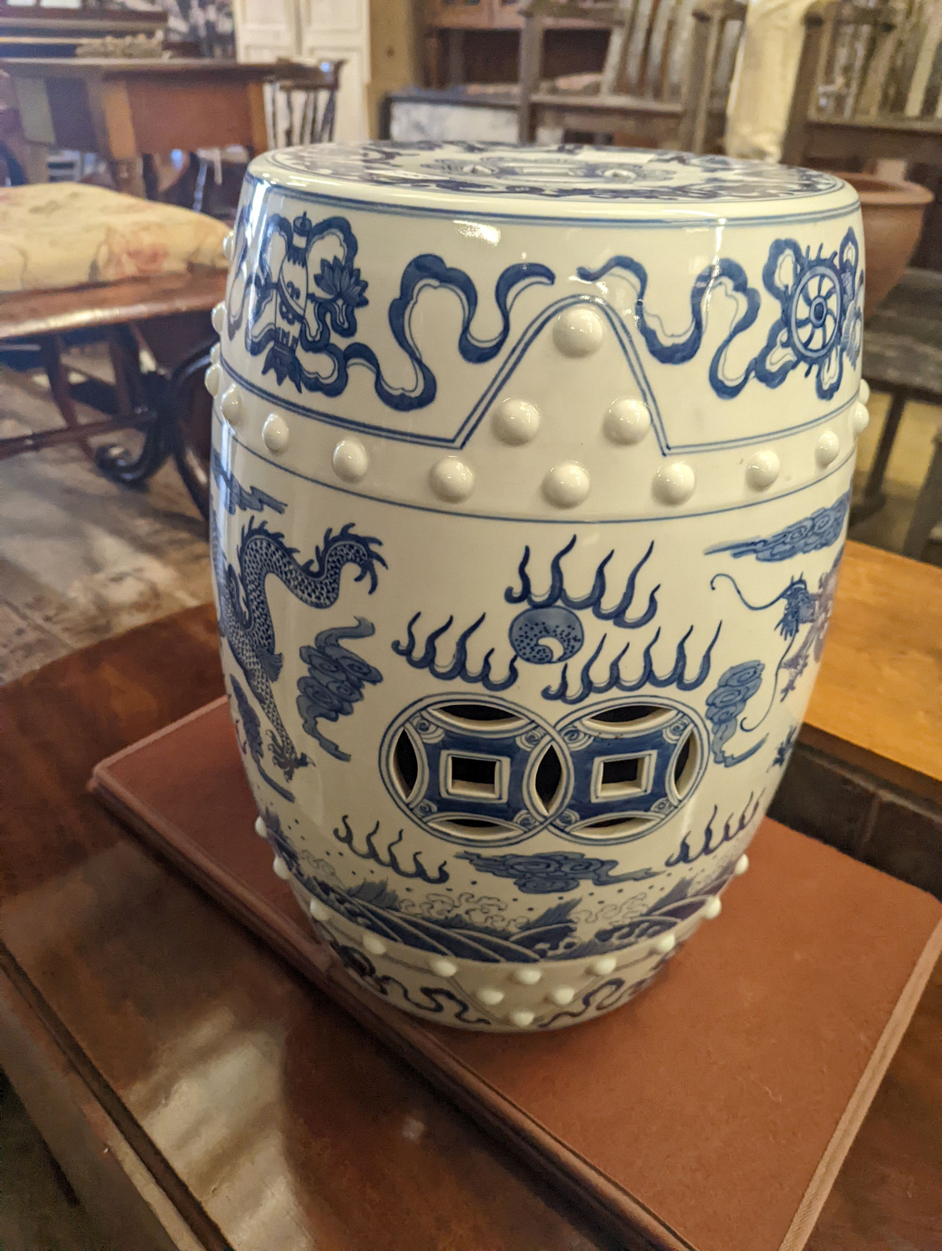 A modern Chinese blue and white porcelain garden seat, diameter 30cm, height 49cm